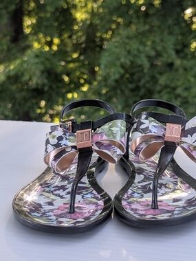 Ted Baker Black Floral Bow T-Strap Sandals with Pink & Green Accents